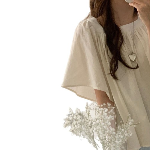Korean chic temperament niche elastic pleated square neck short loose wide trumpet sleeve short-sleeved shirt blouse for women 