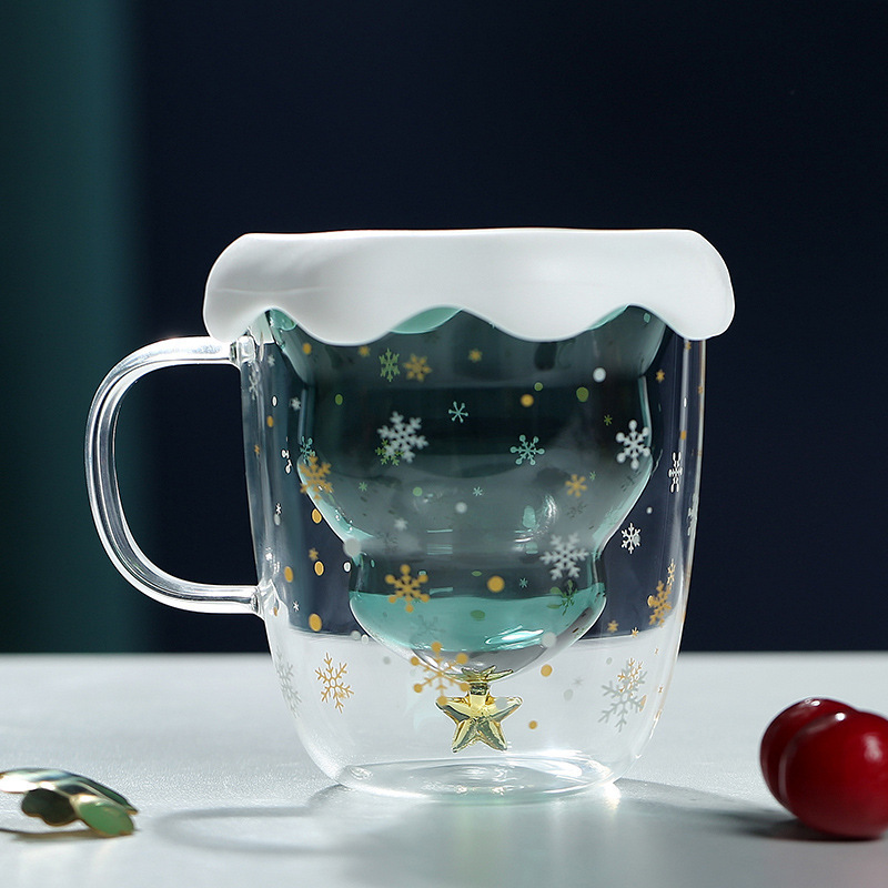 高ホウ素シリコンガラスの取っ手付き二層クリスマスカップのシンプルな家庭用ジュース飲料カップ|undefined