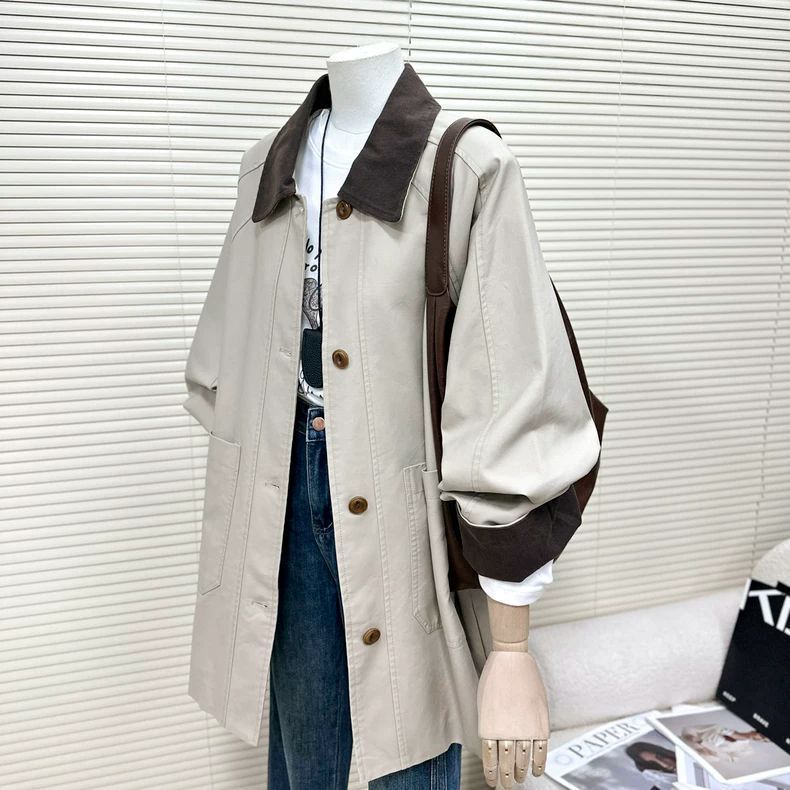 设计感撞色卡其色风衣外套女2025春秋新款小个子宽松休闲工装大衣|undefined