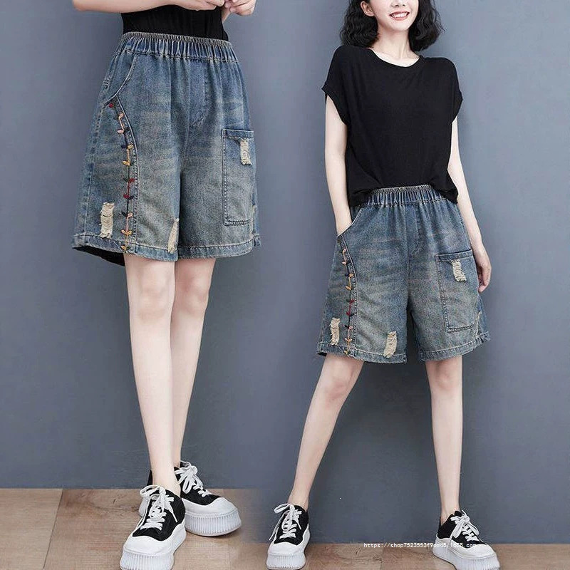 Women's Denim Shorts for Summer, Thin Vintage Style with Embroidery, Ripped Design, Loose Fit, Elastic Waist, Casual, Mom Style, Slimming, Knee-Length Shorts