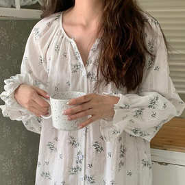 实拍2024秋季新款宽松时尚前扣长袖睡裙家居服哺乳装带发圈女批发