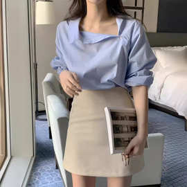 跨境设计感韩国 早春新款设计款长袖个性气质百搭条纹衬衫女韩系