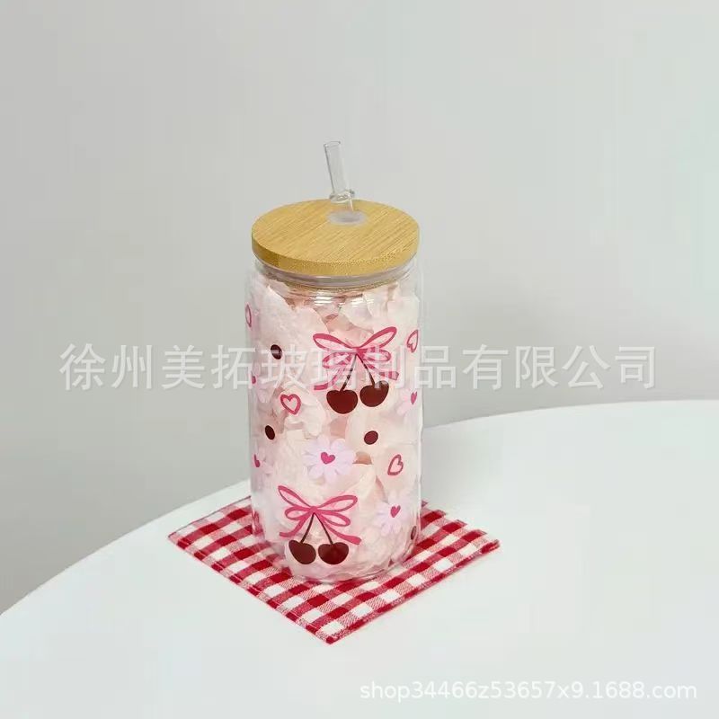 クロスボーダースポットかわいいプリントイチゴコーラカップ蝶プリントウォーターカップ高ホウケイ酸ガラスカップ卸売|undefined