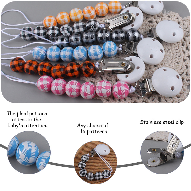 Nuevos suministros para bebés Hemu clip calmante bebé patrón a cuadros cuentas Cadena de pezón cadena anti-caída Amazon