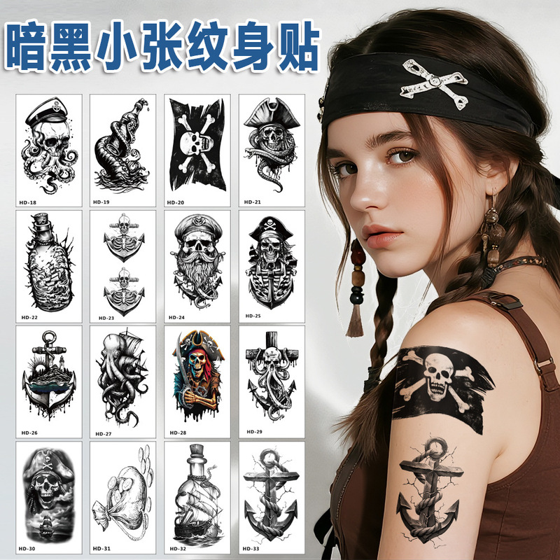 American Skull Pirate Tattoo Stickers Scandinavian Style Temporary Arm Tattoos Dark Small Waterproof Tattoo Stickers