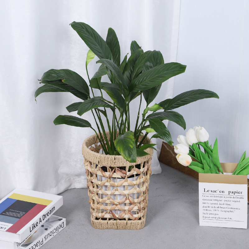 Nórdico ins viento trenzado plantas de paja decoración canasta de flores balcón sala de estar tipo piso estante de flores trenzado maceta image 2
