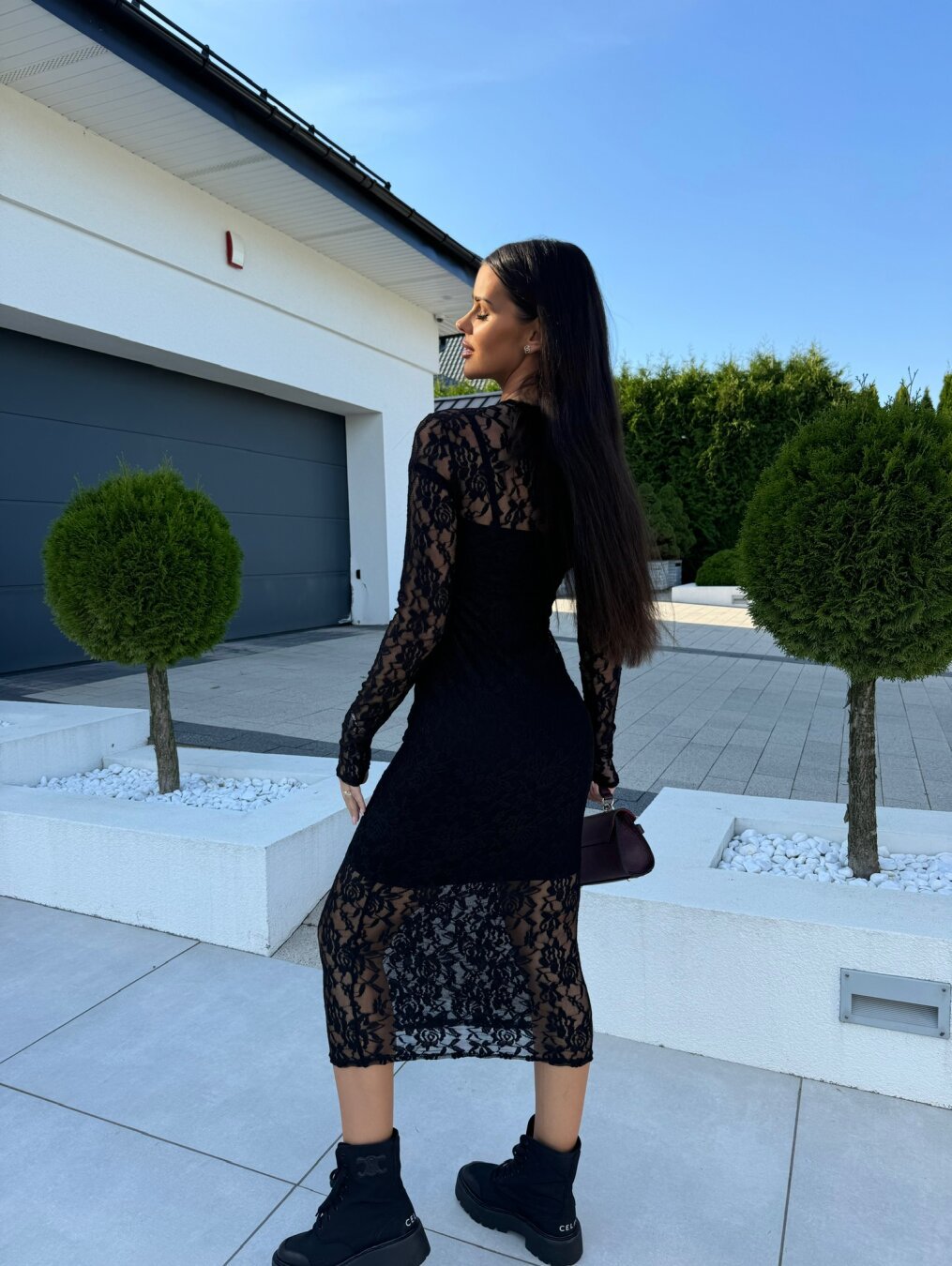 Women Clothing Slim Fit round Neck Hollow Out Cutout out Dress Sexy Slimming See through Lace Sheath Dress