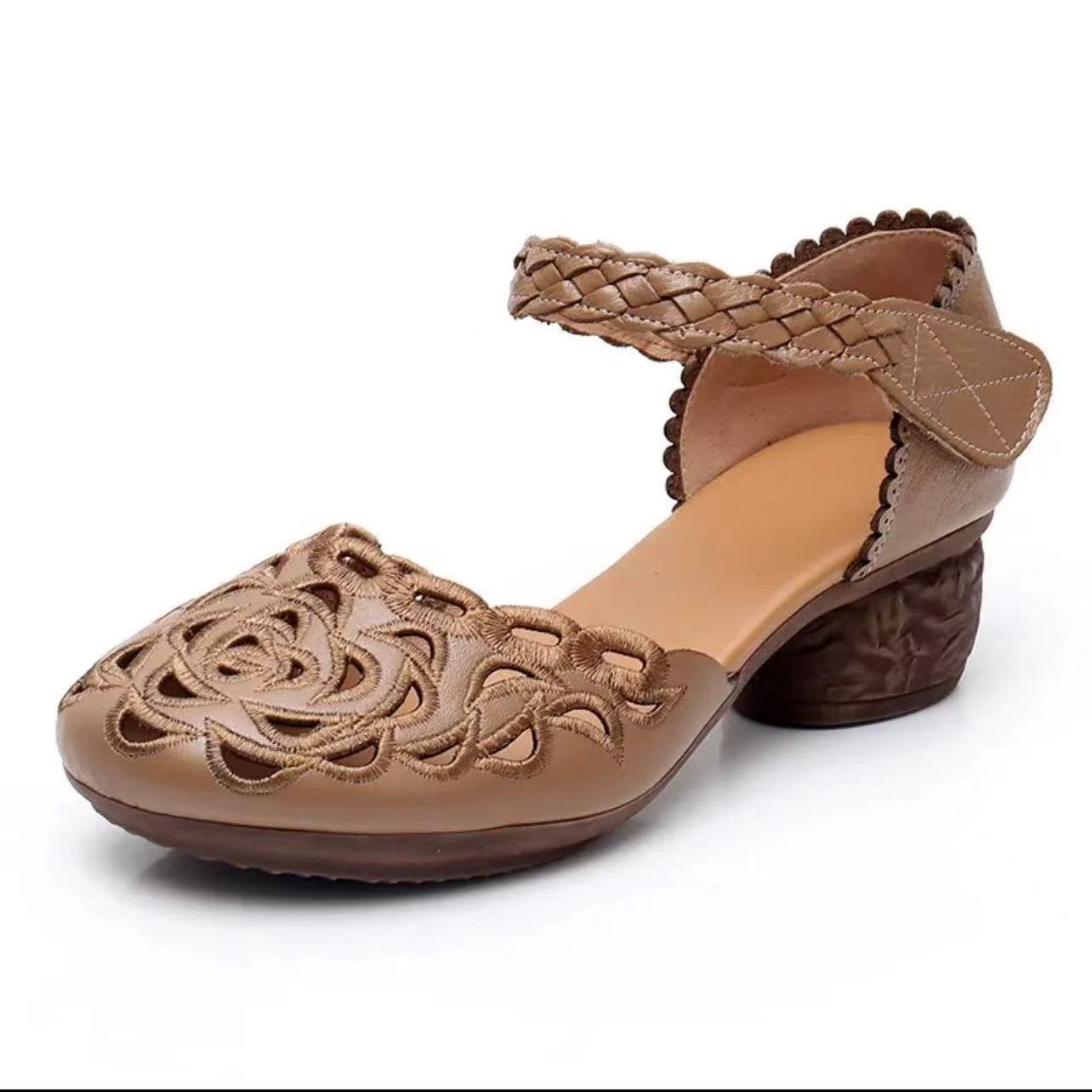 Women's Sandals 2025 New Model Genuine Soft Leather Mom Shoes Summer Handmade Embroidered High Heel Sandals Hollow Vintage Chunky Heel
