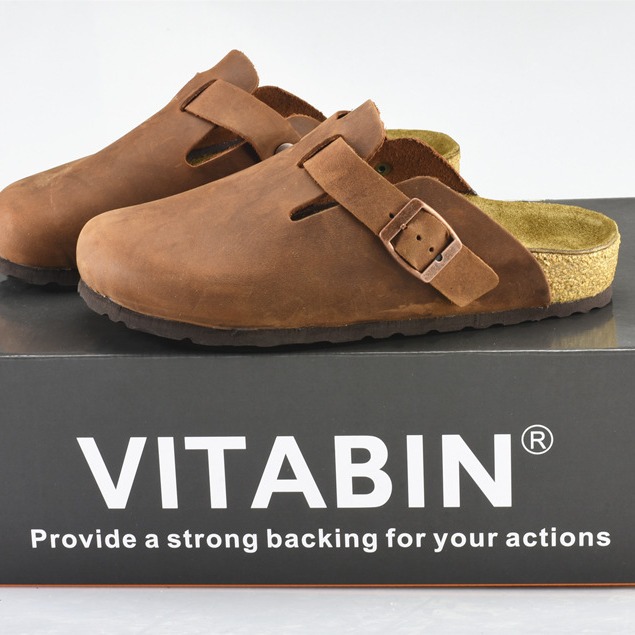 VITABIN高端户外女厚底勃肯软木真皮拖鞋平底懒人包头半拖鞋外穿