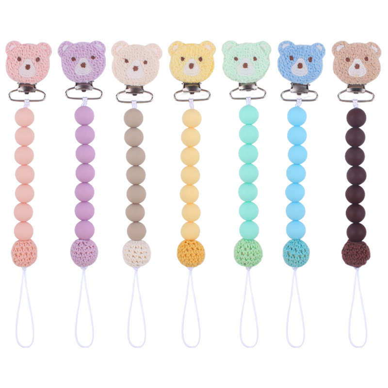 Nuevo bebé de dibujos animados oso chupete clip calmante bebé silicona contraste color cuentas de silicona morder pezón cadena anti-caída