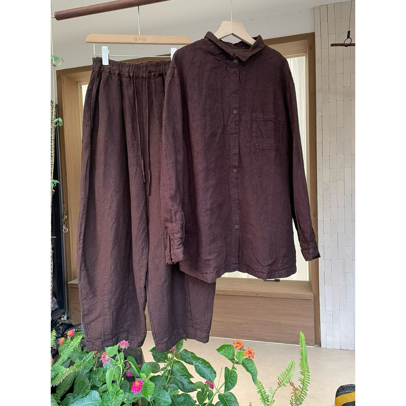 Retro Vintage Style Women's Linen Two Piece Suit High End Cotton And Linen Brown Shirt Casual Pants Spring Relaxed Fashionable_ecoleips.com