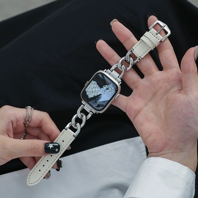 Metal chain stitching leather strap for applewatch78 apple watch SE65SE fashion women