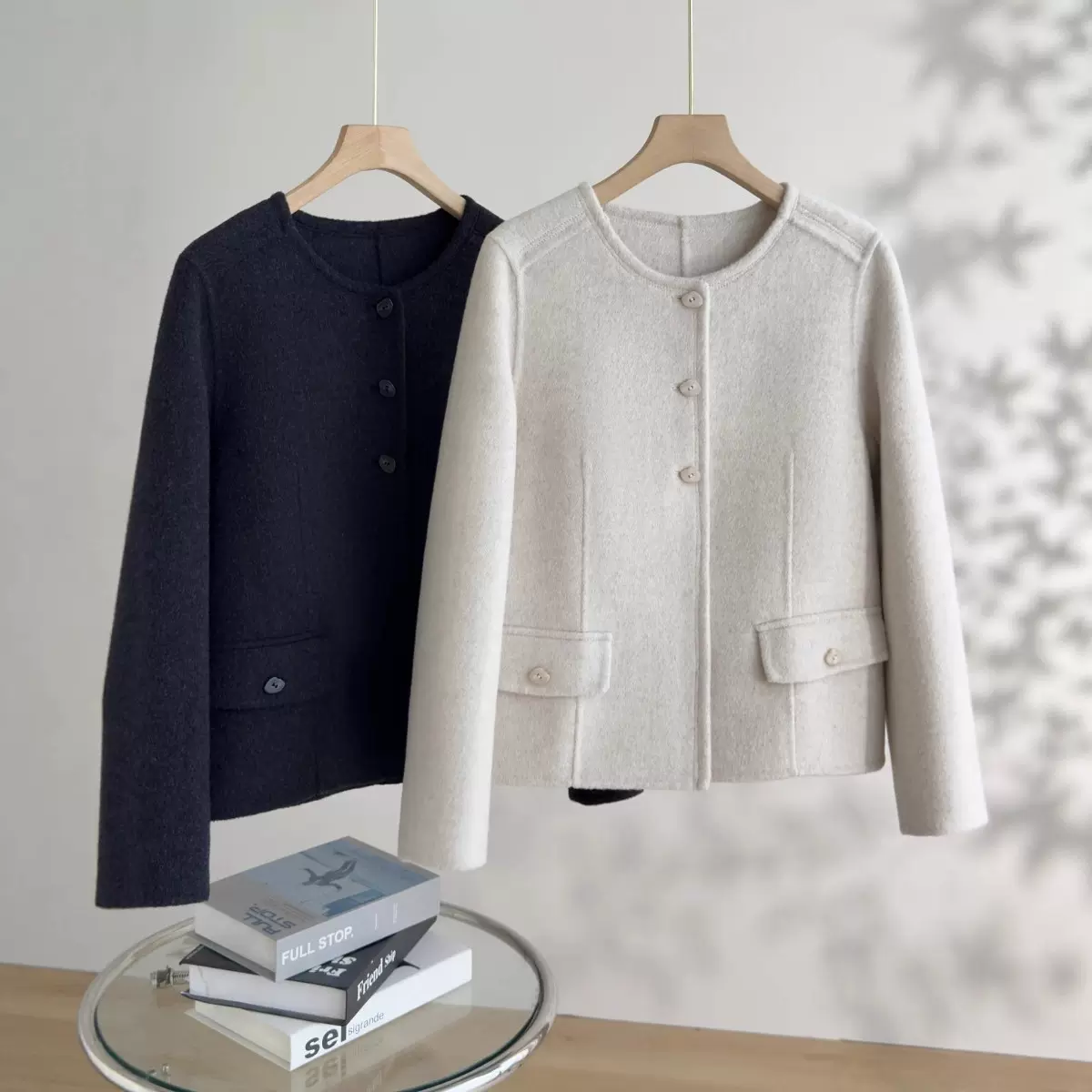 恩迪2025年秋冬深灰色双面羊绒羊毛大衣女小个子轻奢圆领毛呢外套