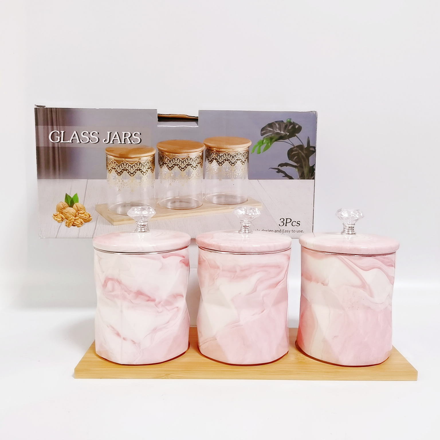 Medio Oriente exportación simple marmolado cerámica sellado Jar rombo 3-Cabeza de almacenamiento Jar té café Jar