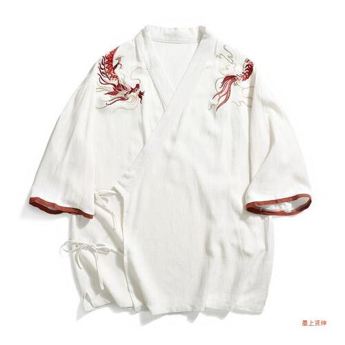 Chinese-style Men's Straight Collar T-shirt, V-neck, Five-finger Sleeve, Loose Large Size Top with Dragon Pattern Embroidery, Cotton-Linen Modern Hanfu Adaptation