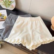 甜美可爱木耳边纯色针织短裤女秋冬季2025松紧高腰显瘦A字打底裤