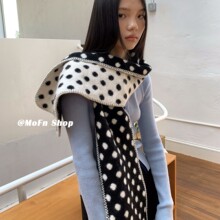 韩系ins风波点软糯毛绒针织双面围巾女秋冬保暖百搭学生情侣围脖