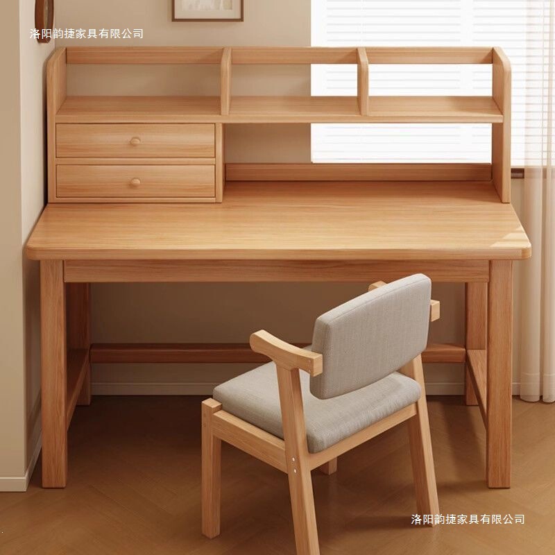 Solid Wood Desk and Bookshelf Integrated Table for Home Use, Bedroom Computer Desk, Student Study Writing Desk, Simple Workbench Table
