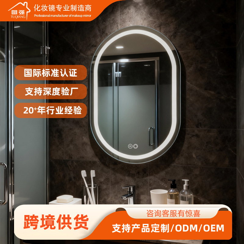 New Smart Touch Led Light Business Bathroom Mirror Toilet Wall-Mounted Makeup Oval Mirror Hotel Bathroom