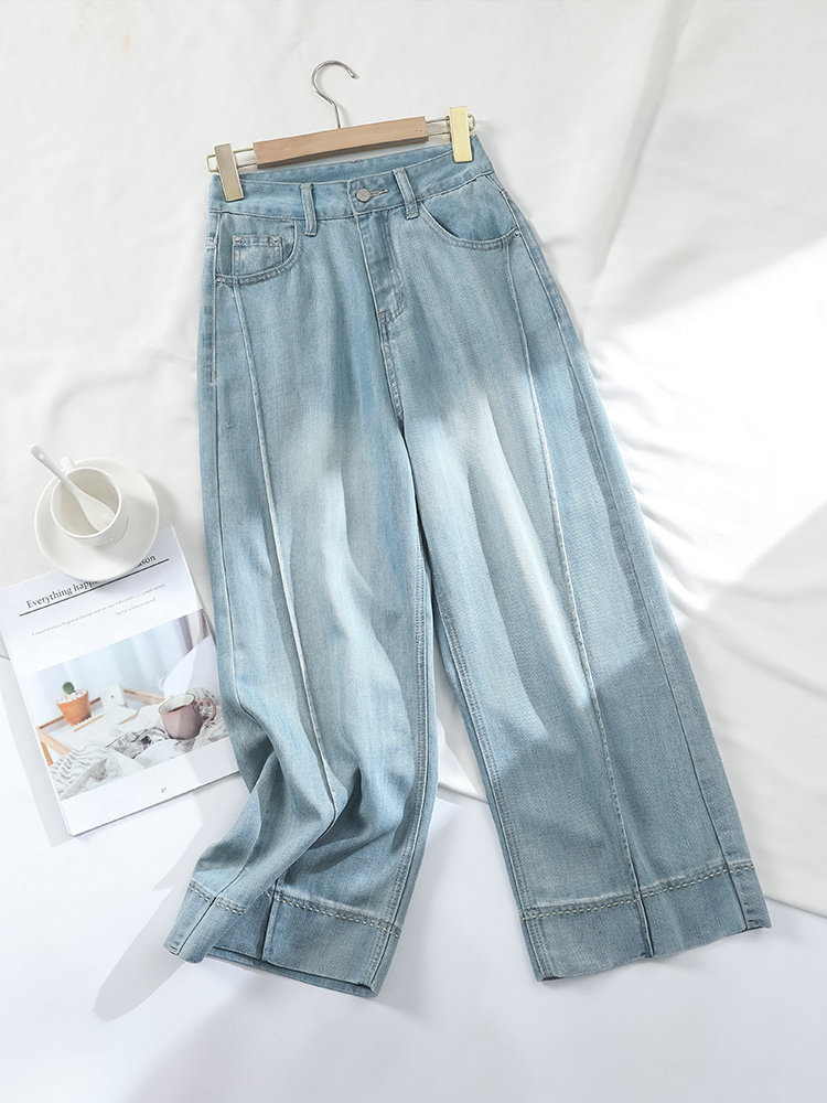Quần jean ống rộng nữ cạp cao dáng suông vải Tencel xanh nhạt — Quần lửng màu xanh nhạt