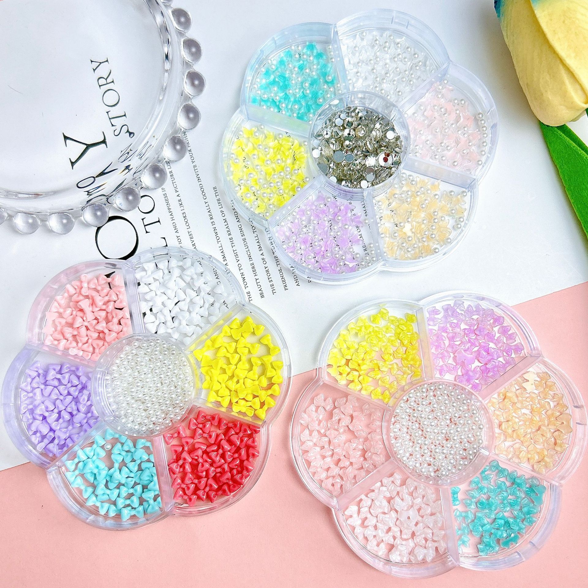 30g Weight Nail Decoration Accessories Nail Supplies 1 Set Quantity Resin Material Bow Knot Pattern Simple Style Style 7-Grid Mixed Bow Pearl Nail Beauty Ornament Girl's  Style Mini Small Bow Tie Nail Material Package Box 无