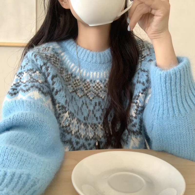 蓝色费尔岛毛衣女小个子加厚秋冬内搭可外穿慵懒风高级感独特漂亮|undefined