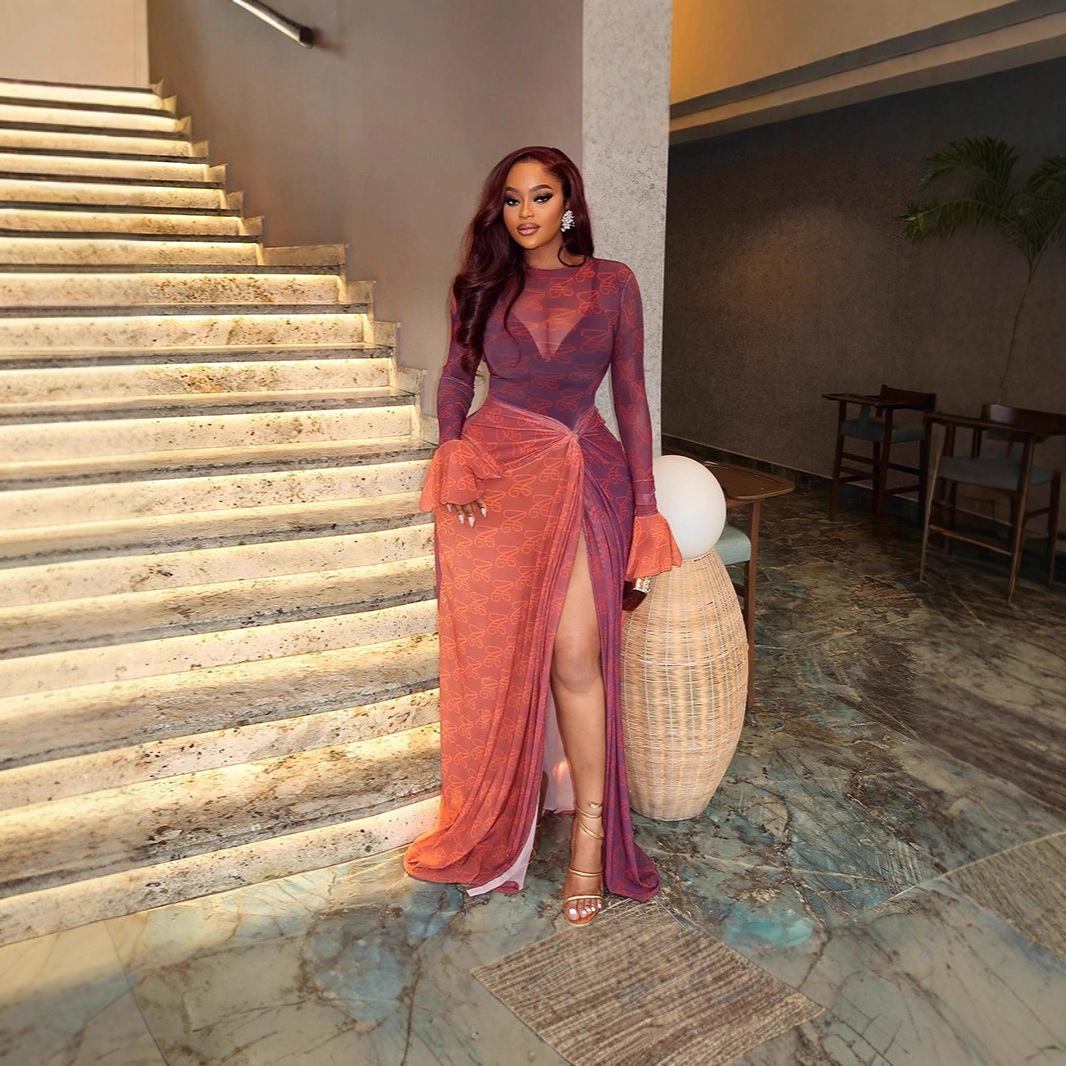 European and American Style Export Summer Slim Women's Clothing, Light and Slightly See-Through Hip-Covering Asymmetrical Skirt, Round Neck Pleated Long-Sleeved Dress