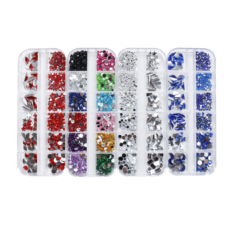 Acrylic Colorful Ab White Mixed 2-4mm Nail Art Decorations Flat Bottom 12-Grid Long Strip Box Rhinestones Ins Style