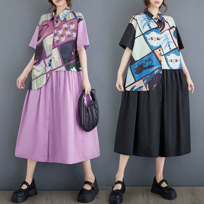 Реальная стрельба 2025 летний новый свободный большой размер принт сшивание повседневное простое сладкое платье с короткими рукавами