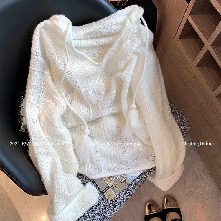 Lazy Style Hollow White Hooded Knit Top Women's Autumn 2024 New Soft Waxy Elegant Age-reducing Sweater Korean Lazy Style Hollow White Hooded Knit Top Women's Autumn 2024 New Soft Waxy Elegant Age-reducing Sweater Korean