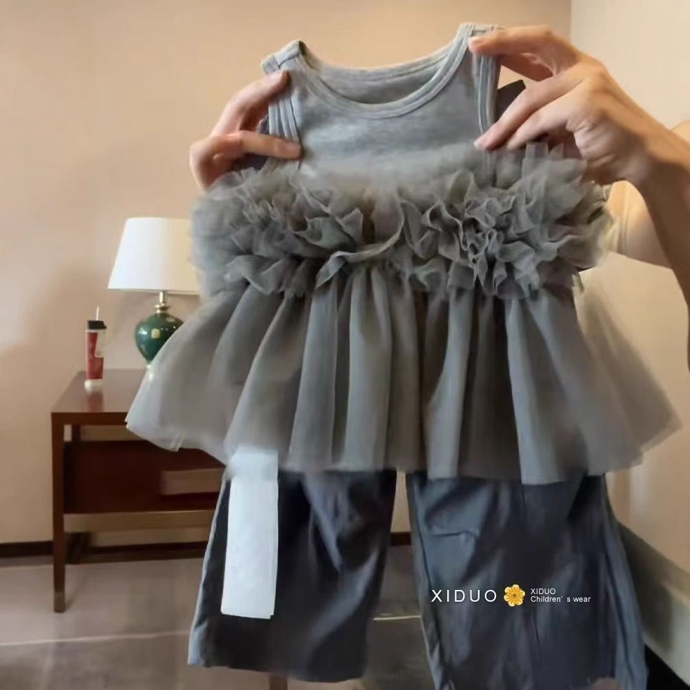 Girls' Summer New Stitching Vest suit Girls' Baby Girl Design Sense Mesh Sleeveless Top Fart Curtain Crock Skirt