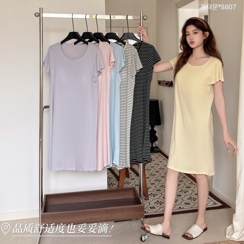 东大门8807莱赛尔睡裙女带胸垫薄款夏季宽松慵懒顺滑透气中长睡衣