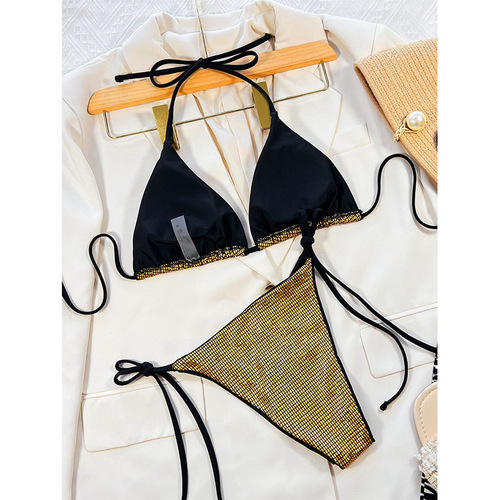 Gold-leaf fabric V-neck triangle bikini set for stylish women's swimsuit