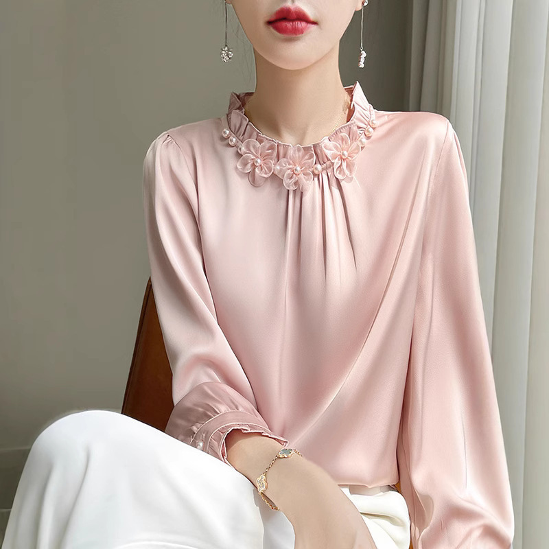 2025 Spring New Women's Fashion Elegant Pleated Lace Beaded Stand Collar Shirt for Women, Age-Reducing and Super Slimming Base Shirt 2025 Spring New Women's Fashion Elegant Pleated Lace Beaded Stand Collar Shirt for Women, Age-Reducing and Super Slimming Base Shirt