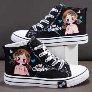 Children's canvas shoes high-top girls' board shoes spring new cartoon casual shoes all-match soft bottom girls' sneaker
