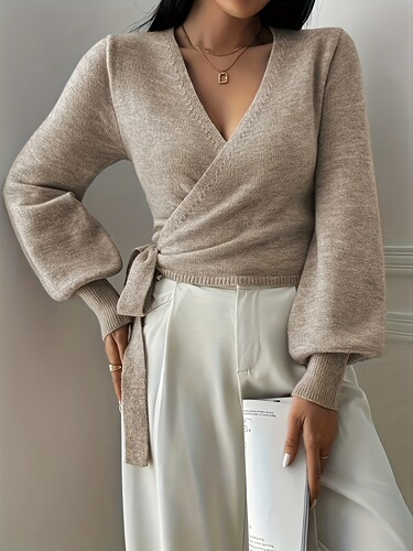 Plus Size Elegant Beige V Neck Women'sSweater