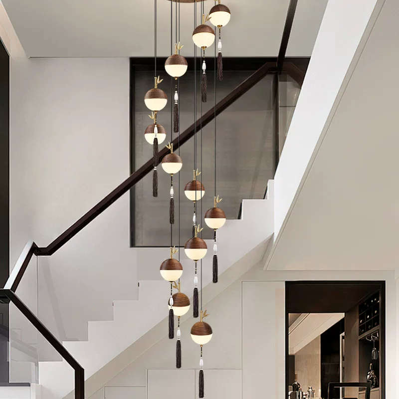Китайская потолочная лампа для лестницы, вращающиеся светильники для загородного дома из натурального дерева для гостиной, китайский стиль
