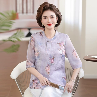 妈妈新中式国风衬衫中老年人薄款衣服女老人太太夏装奶奶唐装衬衣