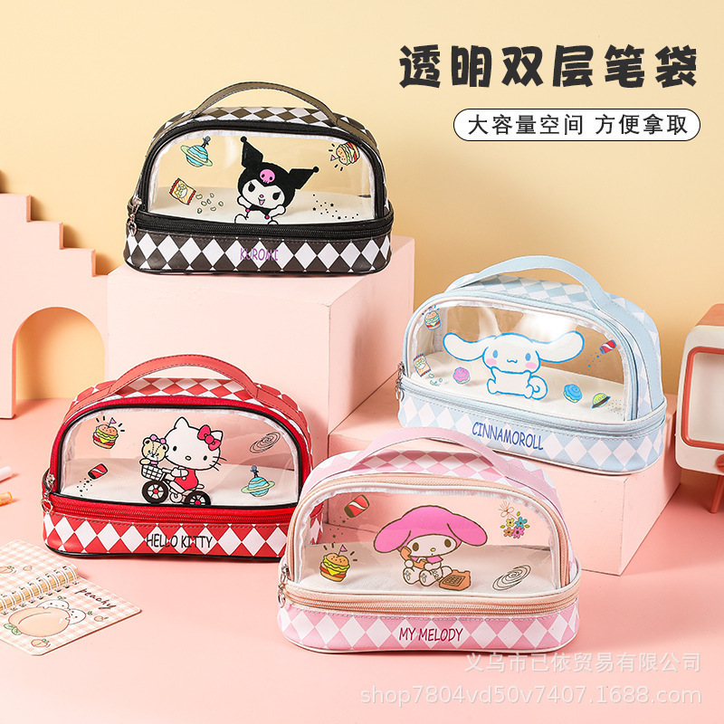 Transparent Double Layer Pencil Case Sanrio Kulomi Three-Dimensional Large Capacity Stationery Bag for Primary School Students Portable Cartoon Pencil Case