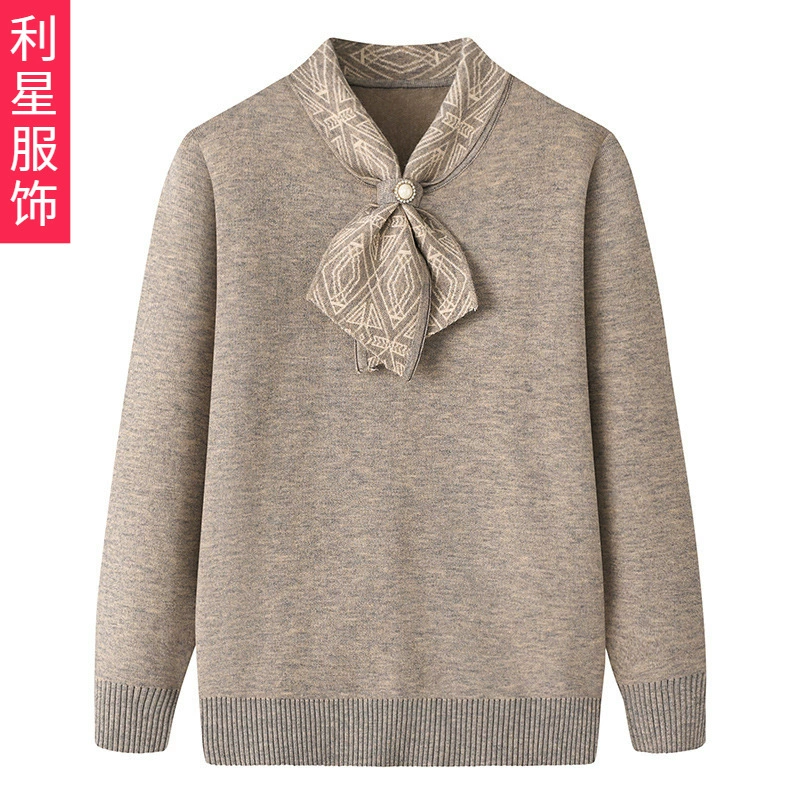 Женская осенне-зимняя вязаная Базовая рубашка среднего и пожилого возраста, утолщенный пуловер-свитер на флисовой подкладке в иностранном стиле с воротником до локтя