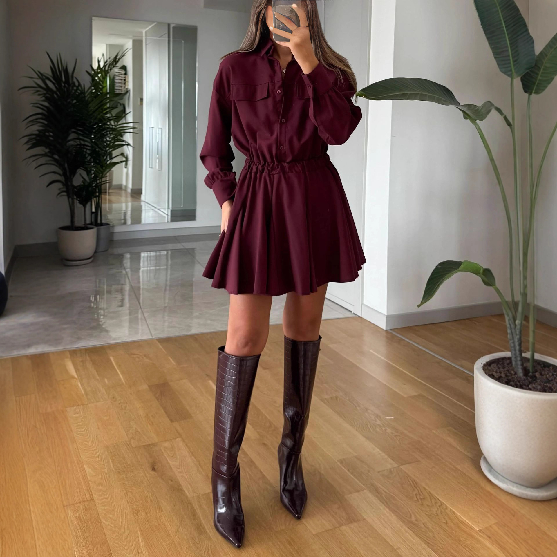 2025 European and American Fashion Ins Independent Station Solid Color Fake Pocket Long Sleeve Shirt Collar Button Waist Dress