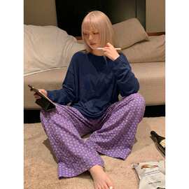 慵懒风紫色小碎花长裤睡裤女春秋款舒适休闲阔腿裤大码家居遛弯裤