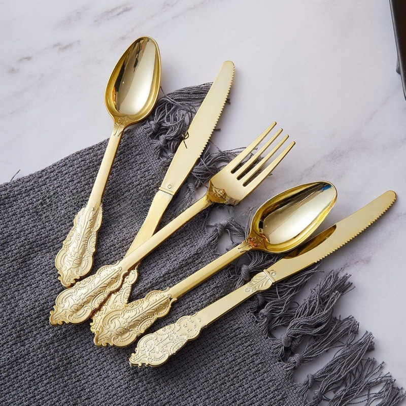 Factory price, in-stock direct sale, vintage embossed gold disposable plastic cutlery for parties and weddings