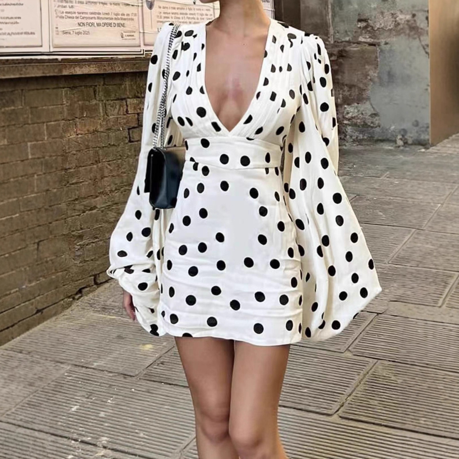 Foreign Trade 2026 European and American Summer Women's Clothing Amazon French-Style Polka Dot Bell Sleeve Bodycon Dress Sexy Deep V-Neck Dress