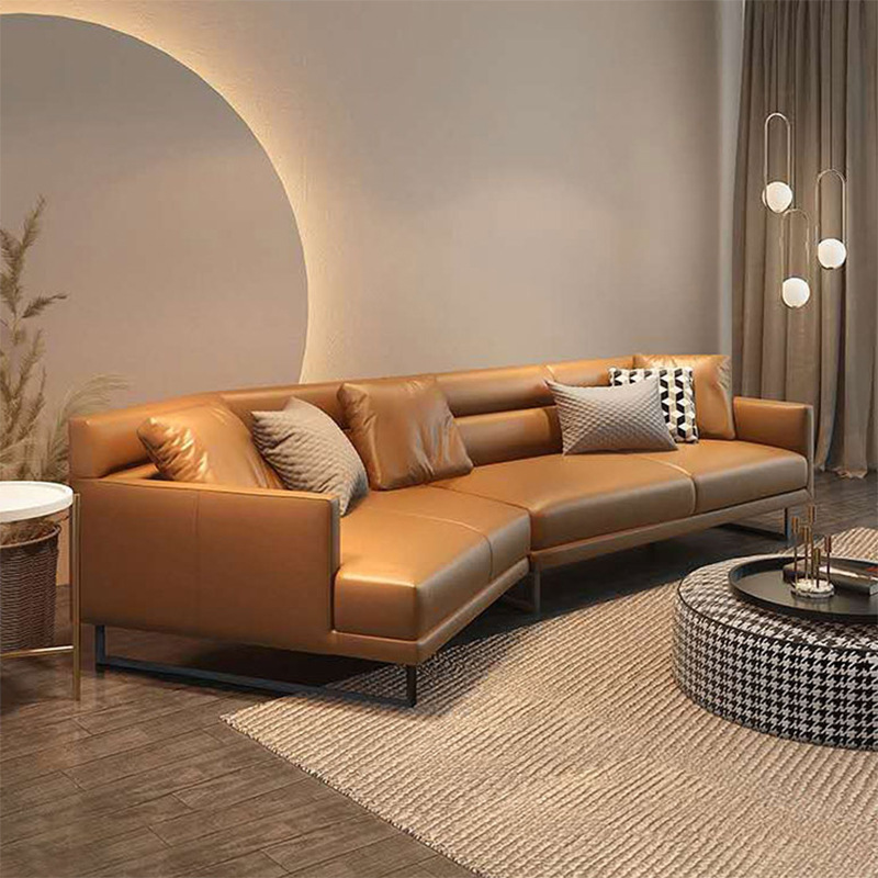 Sofá de cuero genuino de estilo italiano minimalista para sala de estar, adecuado para espacios grandes y pequeños, con chaise longue en esquina, cuero de primera calidad, relleno de plumón y un diseño de lujo discreto.