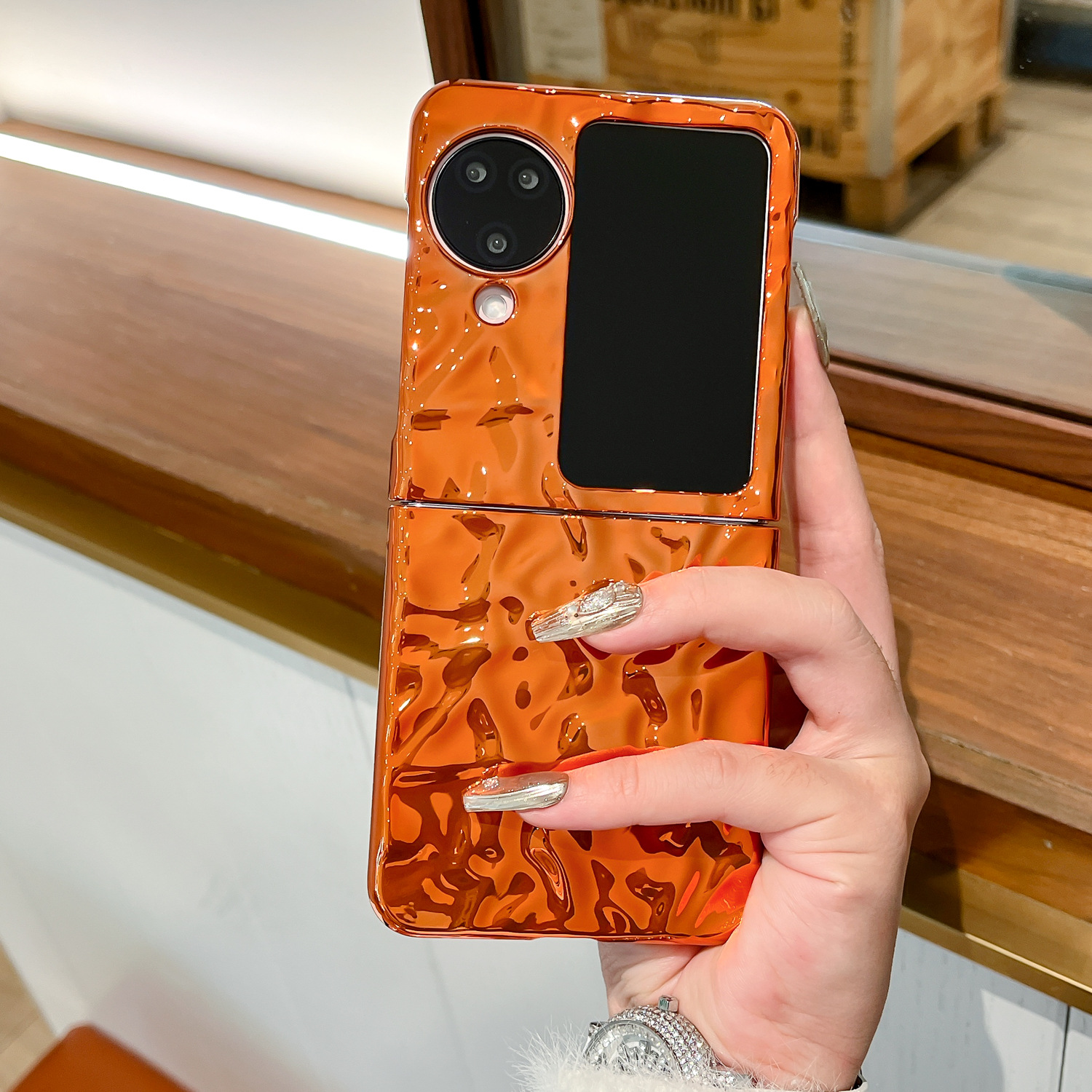 橙色电镀褶皱纹适用于OPPOFindN2flip折叠屏立体爱心N3flip手机紫