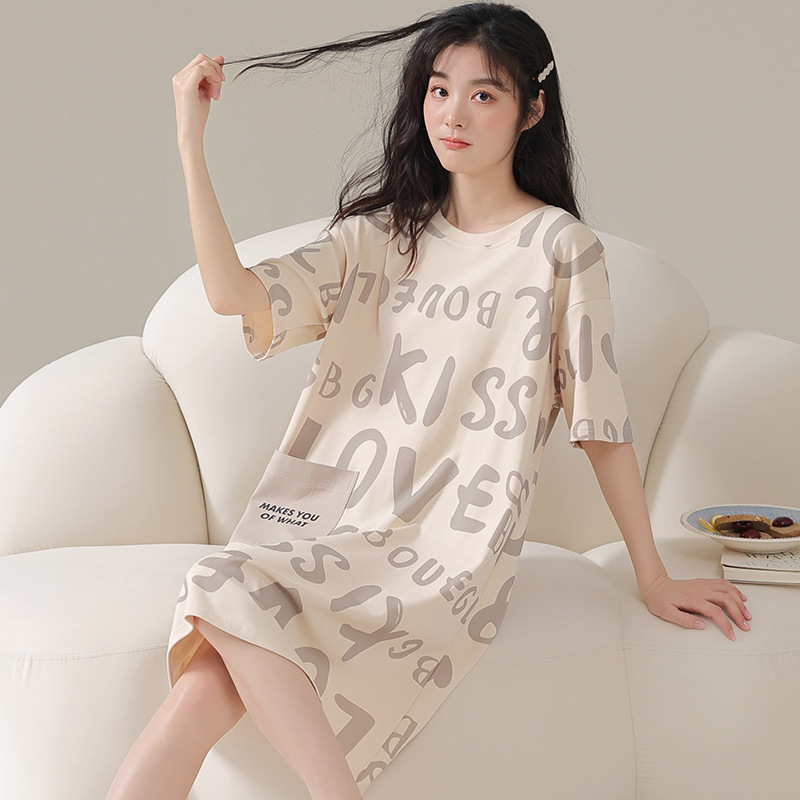 New Wholesale Nightgown for Women, Short-Sleeved, Summer Thin Style, Plus Size, Medium-Sized Dress, Women's Sleepwear, Sweet and Cute