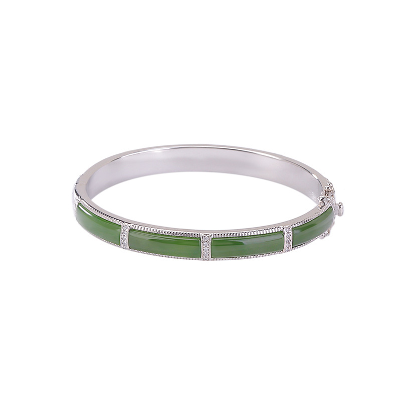 Vòng tay bạc S925 đính ngọc bích Hetian phong cách cổ điển thanh lịch — Có thể mở bên (thích hợp cho miệng vòng 54-58)
