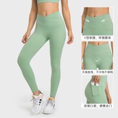 Women's Spring and Summer New Cross-Waist Sports Tight Leggings with Double-Sided Pockets, No Legline Running Fitness Yoga Pants