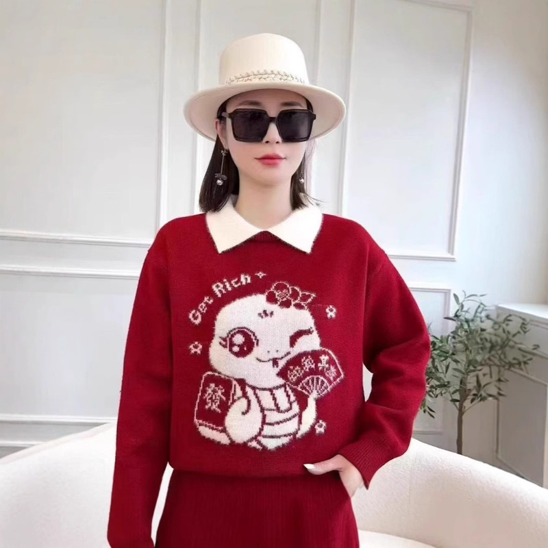 New Year Christmas Red Sweater Lapel Shirt Collar Polo Collar Year of the Snake Thickened Loose Lazy Women